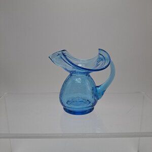Handblown Crackle Glass Blue Pitcher Creamer Vase Vintage